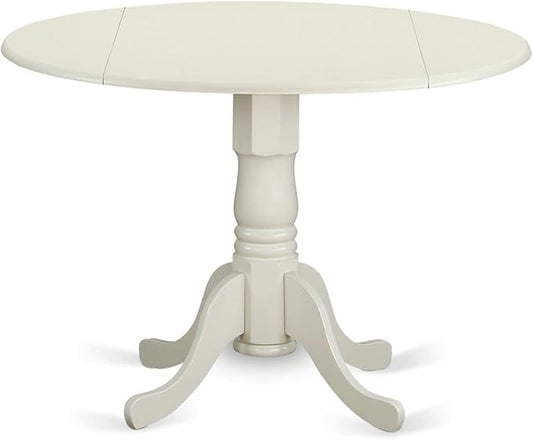 East West Furniture DMVA3-LWH-W 3 Piece Kitchen Table & Chairs Set Contains a Round Dining Room Table with Dropleaf and 2 Dining Chairs, 42x42 Inch, Linen White