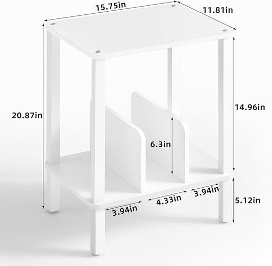 LELELINKY 2-Tier Bamboo Record Player Stand Set of 2 with Vinyl Record Storage up to 100 Albums, Boho Bedroom Record Holder and Multi-Functional End Table for Living Room, White