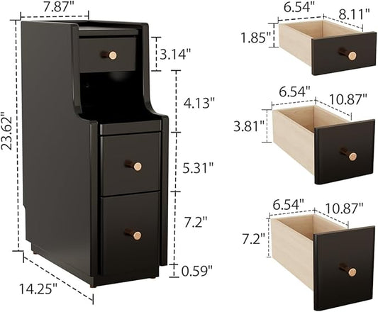 Narrow Nightstand with 3 Drawers,Solid Wood Narrow Bedside Tables, Small Bedside Tables,Modern Slim Small Nightstand for Bedroom(Black)
