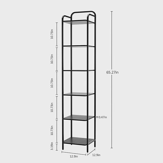 Book Shelf, 6 Tier Bookshelf, Bookcase with 6 Shelves, Storage Rack Organizer, Corner Wood Storage Shelf with Metal Frame for Bedroom, Living Room, Black