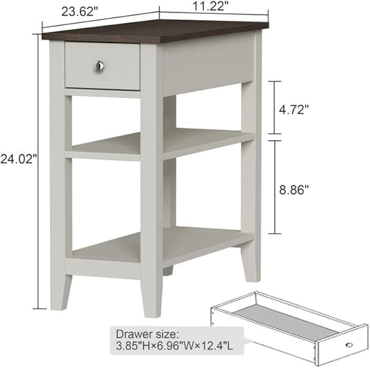 ChooChoo Side Table Living Room, Narrow End Table with Drawer and Shelf, 3-Tier Sofa End Table for Small Space, White and Brown