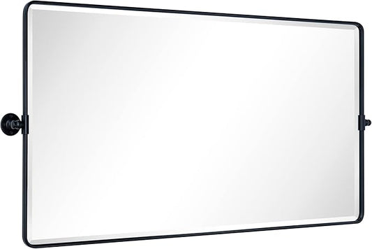 TEHOME 58 x 28'' Pivot Full Length Bathroom Vanity Mirror Matt Black Metal Framed Full Body Tilting Beveled Vanity Mirrors Wall Mounted Floor Pivoting Mirror for Bathroom, Living Room