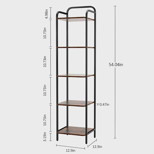 5 Tier Bookshelf, Bookcase with 5 Shelves, Storage Rack Organizer, Corner Wood Storage Shelf with Metal Frame for Bedroom, Living Room, Rustic Brown