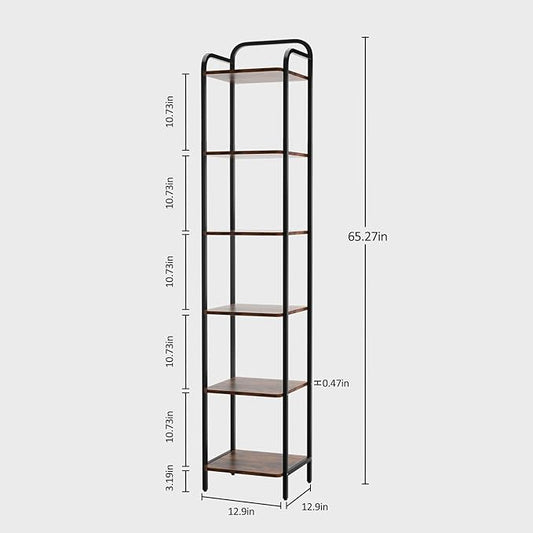 5 Tier Bookshelf, Bookcase with 5 Shelves, Storage Rack Organizer, Corner Wood Storage Shelf with Metal Frame for Bedroom, Living Room (Rustic Brown, 6 Tier)
