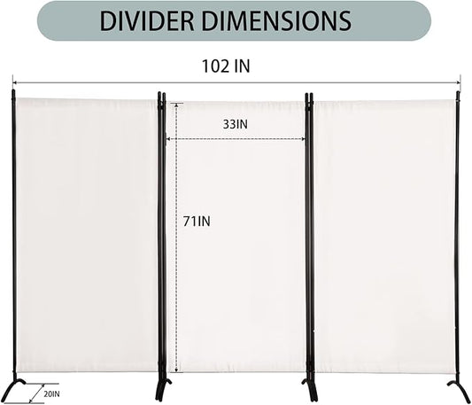Room Divider 3-Panel Privacy Screen, Portable Screen Steel Frame with Hook&Loop for Home, Office, Classroom, Studio, Meeting (White