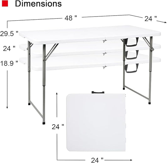 48" W x 24" D x 29.5" H - 4FT Adjustable Height Heavy Duty Plastic Fold-in-Half Foldable Table,White Portable Folding Table with Carrying Handle for Camping & Party