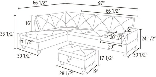 Beige L-Shaped 3-Piece Microfiber Sofa with Storage Ottoman Set, Sectional Couch Sofa Set for Living Room, Office, Small Space