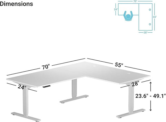 Progressive Desk Height Adjustable Computer Standing Desk - L Shaped 70" x 55" Corner Electric Stand Up Rising Workstation - Warm White, Gray Frame