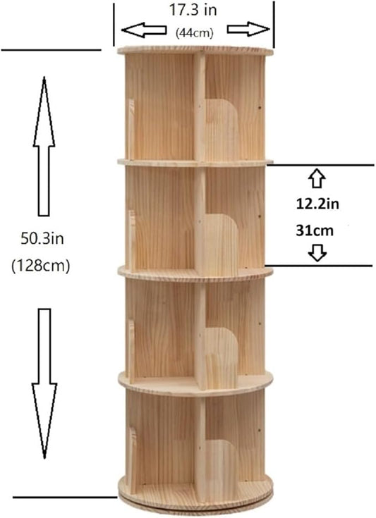 Heehee Rotating Wooden Bookshelf 360 Display 4 Tier Floor Standing Bookcase Storage Rack for Kids&Adults Solid Wood Bookshelf Organizer