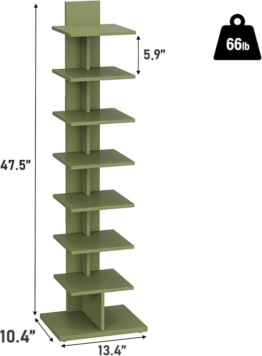 TUTOTAK Bookshelf, 8-Tier Bookcase, Narrow Spine Book Shelf for Small Space, Corner Standing Shelf for Living Room, Office, Study, Entryway, Olive Green BS06BOG008