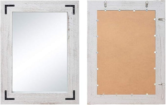 YOSHOOT Rustic Wooden Framed Wall Mirror, Natural Wood Bathroom Vanity Mirror for Farmhouse Decor, Vertical or Horizontal Hanging, 32" x 24",White Grey