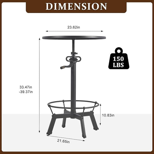 LOKKHAN 33.5"-39.4" Tall Industrial Bar Table-Adjustable Bar Height Pub Table-23.7" Dia Swivel Round Metal Top-Easily Adjusts by Crank Handle, Silver Gray