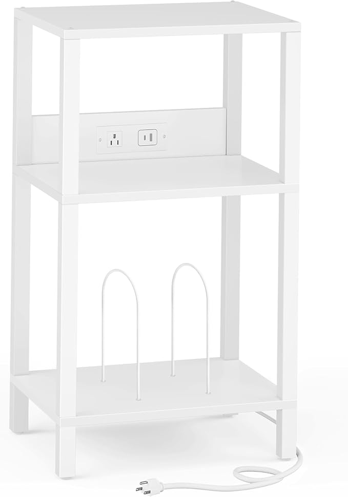 TUTOTAK Record Player Stand with Storage Up to 100 Albums,Record Storage Table,3 Tier End Table with Charging Station,Side Table for Living Room, Bedroom, White TB01BW076
