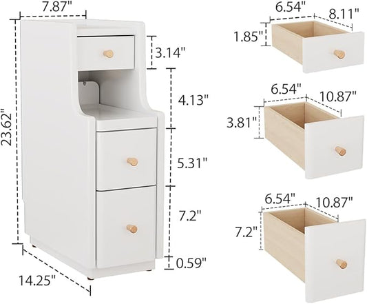 Narrow Nightstand with 3 Drawers,Solid Wood Small Nightstand White, Modern Small Bedside Tables for Bedroom(Fully Assembly)