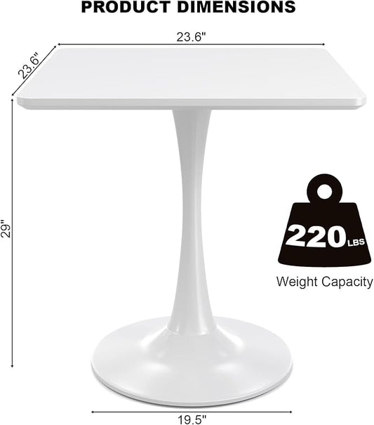 White Square Tulip Table for 2 Person, 24 Inch Small Dining Table with Metal Pedestal Base for Kitchen, Mid Century Modern Table with Round Corners for Living Room, Cafe, Office, Pub, Bar, Bistro