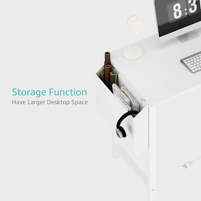 Lufeiya White Computer Desk with Power Outlet, 40 inch Simple Teen Study Table Home Office Work Writing Desks with Charging Station Outlets USB Port Built in, Storage Pocket,White