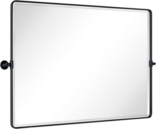 TEHOME 48x36'' Matt Black Horizontal Pivoting Bathroom Vanity Mirror Large Black 36x48'' Metal Framed Rectangle Tilting Beveled Vanity Mirrors for Wall