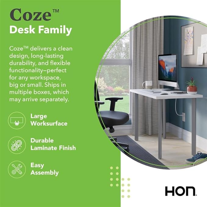 HON Coze Home Office Desks, Sturdy Table Computer Desk, 42", White Top, White Base