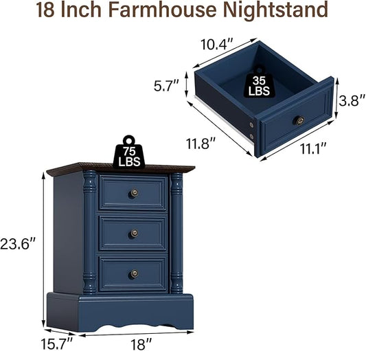Nightstand with 3 Drawers, Rustic Night Stand 18' Wide Side Table with Storage, Mid-Century Modern Couch End Table with Vintage Handles, Small Dresser for Bedroom, Living Room, Indigo Blue