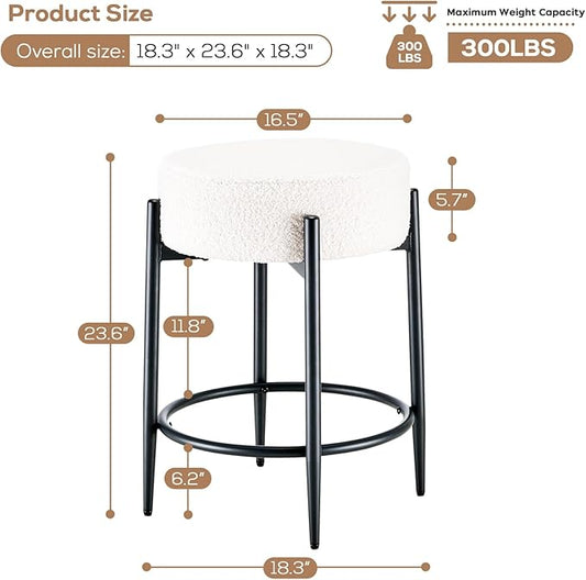 Dining Chairs Set of 2, 23.6" Backless Kitchen Living Room Chair,Mid Century Modern Chairs with Round Soft White Boucle Padded & Solid Metal Legs
