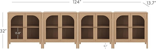 Nathan James Mason Modern Farmhouse TV Stand, Free Standing Accent Sideboard Buffet, Cabinet with Glass Doors and Adjustable Shelf, Clear Glass/Raw Oak Set of 4