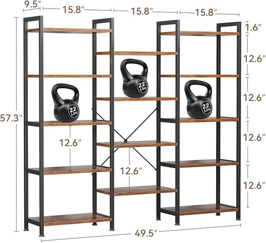 Casaottima Triple 5 Tier Bookshelf, Large Bookcase with 14 Open Display Shelves, Modern Industrial Book Shelves Book Case for Bedroom, Wide Standing Shelving Unit for Living Room Home Office, Vintage