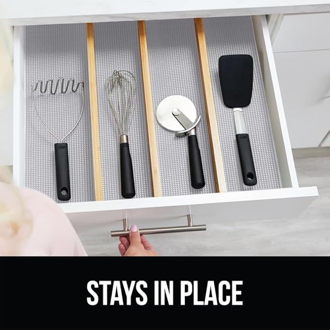GORILLA GRIP powerGRIP Drawer Shelf and Cabinet Liner, Thick Strong Hold, Non-Adhesive Liners Protect Kitchen Cabinets and Cupboard, Bathroom Drawers, Easy Install, Breathable Mat, 17.5" x20', Lt Gray