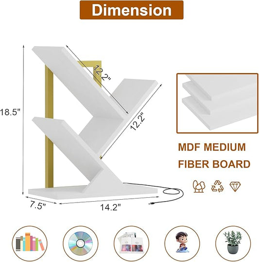 Tree Bookshelf with LED Lights, 3 Tier Floor Standing Bookcase, Classical Corner Shelf Kids Bookshelf, Tall Wood Book Storage for Bedroom, Living Room, Home Office, White