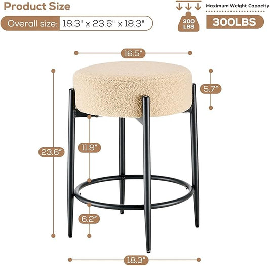 Dining Chairs Set of 2, 23.6" Backless Kitchen Living Room Chair,Mid Century Modern Chairs with Round Soft Beige Boucle Padded & Solid Metal Legs