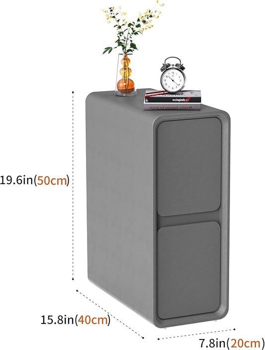 VICITON Modern Narrow Faux Leather Nightstand, Solid Wood Drawer, Storage Accent Table, Small Side End Table for Bedroom (Gray, Narrow)
