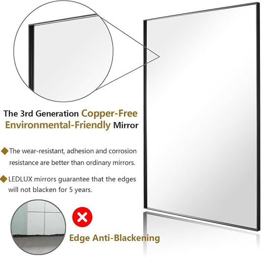 26x36 Inch Black Bathroom Mirror, Copper-Free Mirror, Aluminum Alloy Frame Vanity, Rectangle Wall Mounted Modern Mirror for Bedroom/Living Room/Porch Horizontal or Vertical