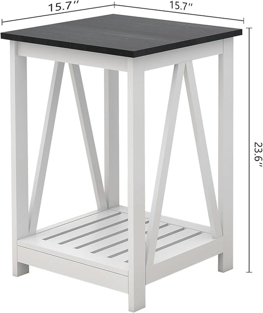 Farmhouse Square End Table, Accent Side Table with Slats Design, Sofa Side Table with Sturdy Frame for Living Room, Oak Black