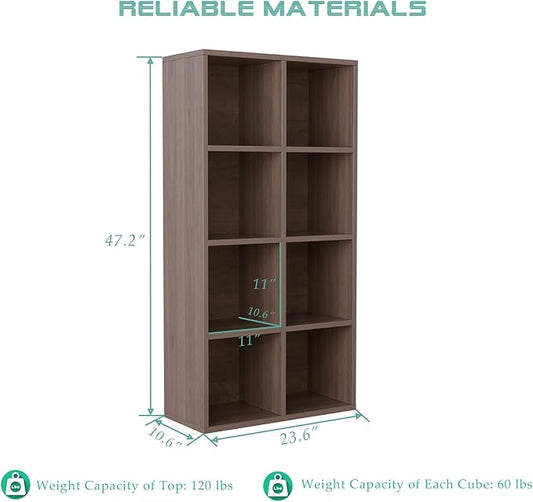 8-Cube Storage Shelf Bookcase - Wooden 4-Tier Floor Standing Open Bookshelf for Home and Office, Cuby Orgainzer, Walnut