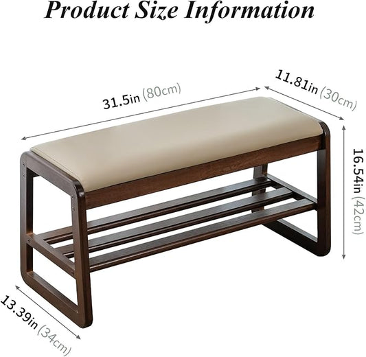 Shoe Bench, Entryway Bench with Leather Cushion, Solid Wood Shoe Rack, Mid Century Modern Bench, Shoe Storage, Shoe Organizer for Entryway (Brown, 31.5" W)