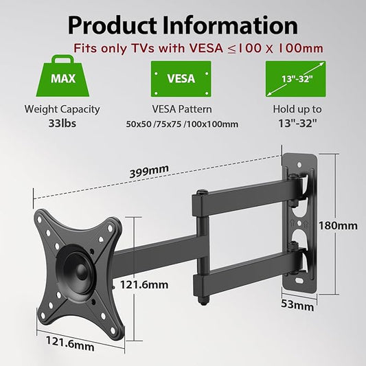 USX MOUNT Full Motion TV Wall Mount - Universal Single Stud Corner Bracket for 13-32 inch TVs, Monitor Wall Mount for LCD Monitor Swivel Tilt Rotation Articulating, VESA100x100mm, Up to 33LBS