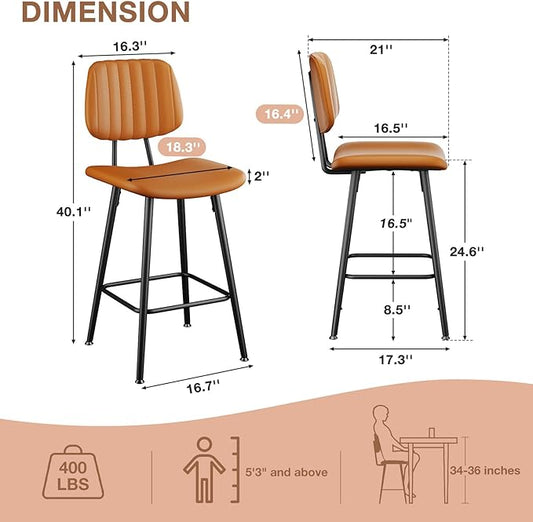 24-Inch Leather Bar Stools Set of 2, Counter Height Barstools with High Backrest,Bar Chairs for Kitchen Island with Heavy Duty Metal Legs, Brown