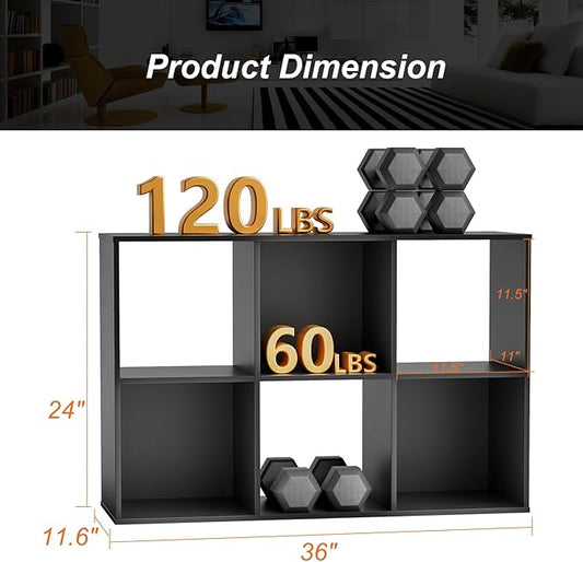 Sweetcrispy 6 Cube Storage Organizer - Open Cube Bookshelf with 3 Removable Back Panels, Display Storage Bookcase for Living Room, Bedroom, Entrance Hall, Home Office,36" L×11.6" W×24" H, Deep Black