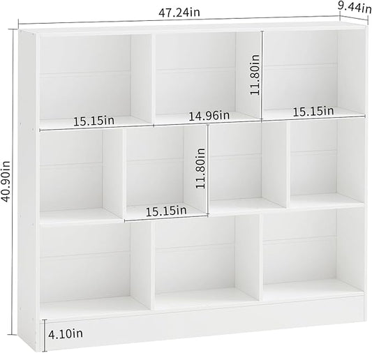 YAHARBO White 10 Cube Bookshelf,3 Tier Modern Horizontal Bookcase,Wooden Low Book Shelf Display Storage Cabinet with Base,Floor Standing Short Bookshelves Open Organizer for Bedroom,Living Room,Office