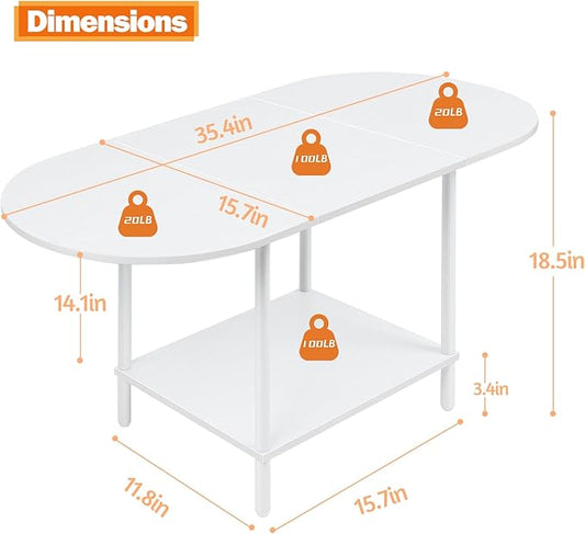 White Coffee Tables for Living Room,2-Tier Small Coffee Table Industrial Modern Oval Center Table with Storage Shelf and Wood Tabletop,for Small Space,Home Office
