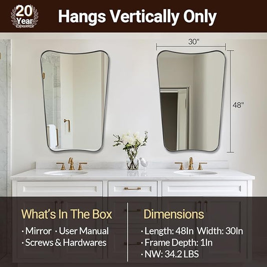 ANDY STAR 30x48 Inch Matte Black Mirror, Modern Bathroom Mirror in Premium Stainless Steel Thin Frame Deep 1", Large Decorative Mirror for Wall (Hangs Vertically Only)