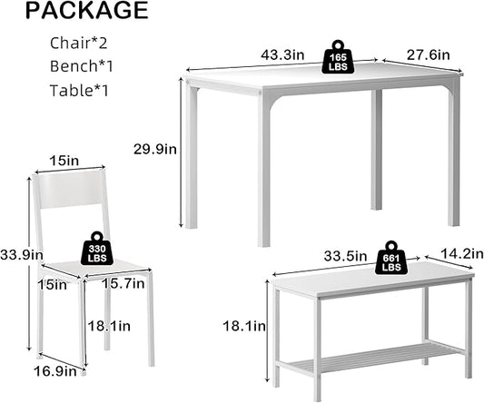 sogesfurniture 4-Piece Bench Style Dining Table Set, 4-Person Space-Saving Dinette for Kitchen,43'' Wood Kitchen Table & Chair Set for Breakfast Nook and Small Space, White