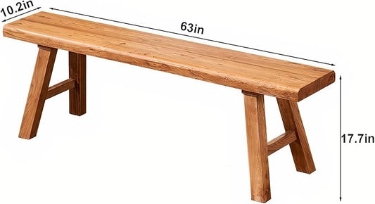 Farmhouse Wood Bench Indoor - 63Inch entryway Bench, Natural Solid Wood, Durable and Sturdy, Suitable for Dining Room, Bedroom, Porch and Other Narrow Spaces
