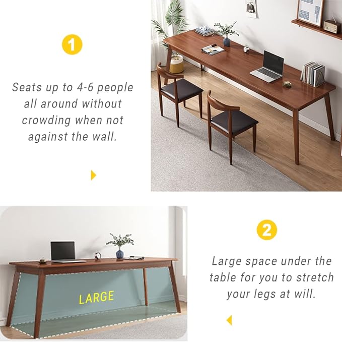 Mid-Century Long Desk Table - 63" Simple Modern Extra Long 2-Person Wood Computer Workstation for Home Office Work in Walnut, 63" W x 20" D