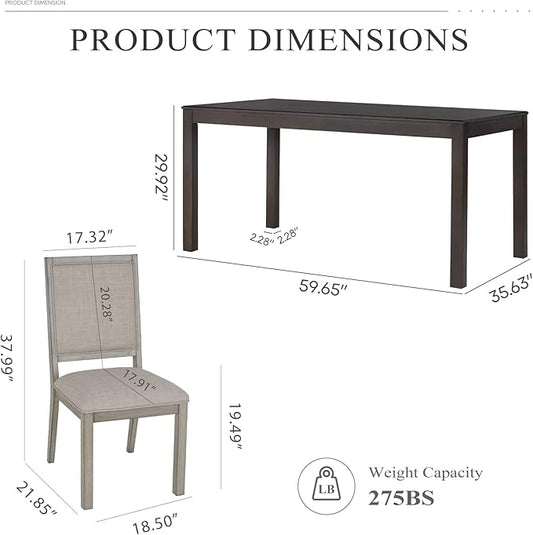 COLAMY Modern Rectangular Dining Table Set, 60" L x 36" W x 30" H, Grey Wood & Fabric, 6 Person Capacity, Requires Assembly