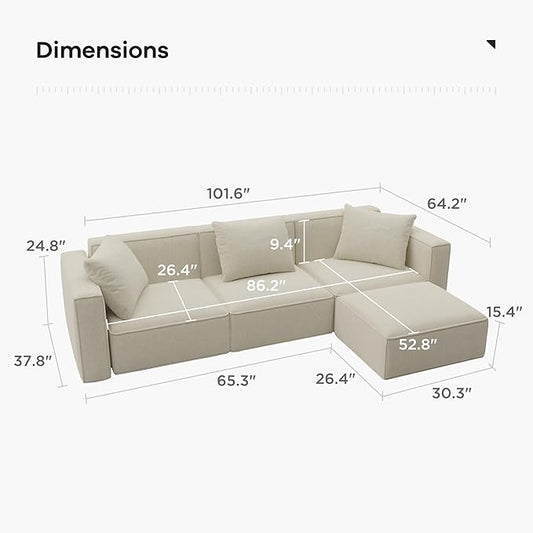 Acanva Luxury Modular Sectional Living Room Sofa Set, Modern Minimalist Style Couch with Ottoman and Chaise, L-Shape, Linen-Like Cream