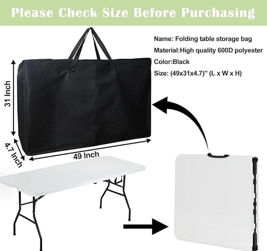 4/6/ 8 Foot Folding Table Storage Bag, Waterproof Heavy Duty Large Carrying Bag for Folding Tables, Picnic/Camp Tables Cover with Durable Zipper & Shoulder Strap, 31" D X 49" W X4.7 H, Black