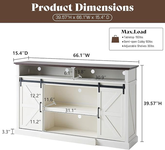 66" Farmhouse TV Stand for 75 Inch TVs, 40" Tall Entertainment Centere with Sliding Barn Doors, Rustic Media Console Table Storage Cabinet with Adjustable Shelves, Living Room, Antique White