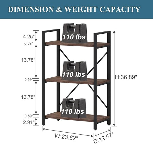 BON AUGURE 3 Tier Industrial Bookshelf, Office Small Open Book Shelf for Small Space, Short Narrow Wooden Etagere Bookcase for Living Room, Bedroom and Kitchen (Rustic Oak)