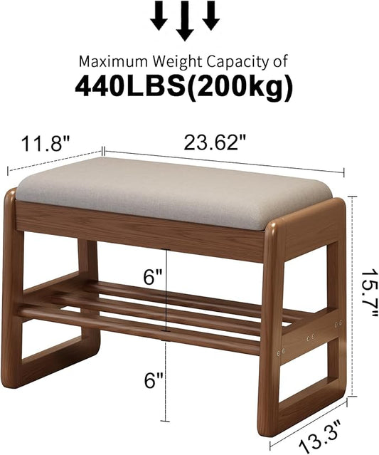 Small Shoe Bench with Cushion,2 Tiers Shoe Rack Bench with Flip-Top Storage,Wood Shoe Rack for Entryway(Walnut,23.62")