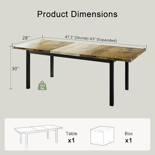 Feonase 63" Extendable Dining Table, Modern Farmhouse Dining Room Table for 4-8, Wooden Kitchen Table for Small Space, Dining Room, Home Office, Living Room Furniture, Rustic Brown